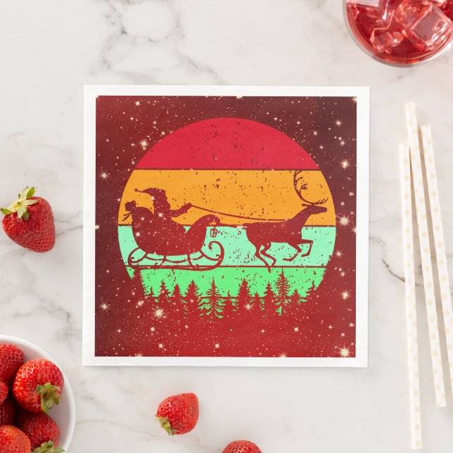 Retro Vintage Sunset Santa Sleigh Reindeer  Napkin (Insitu)
