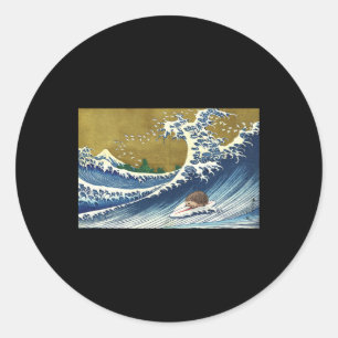 Retro Vintage Surfing A Wave Cute Animal Hedgehog Classic Round Sticker