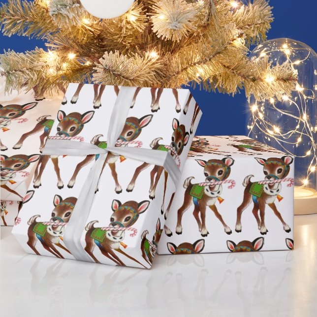 retro vintage tiled Christmas reindeer party Wrapping Paper (Holidays)