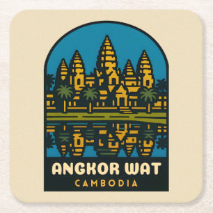 Retro Vintage Travel Angkor Wat Cambodia  Square Paper Coaster