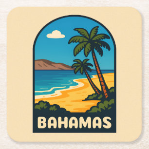 Retro Vintage Travel Bahamas Beach Landscape Square Paper Coaster
