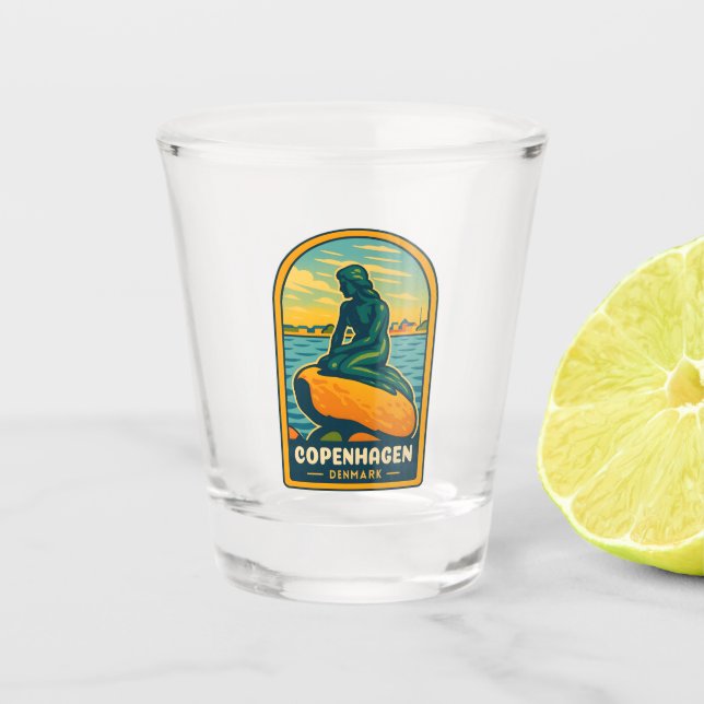 Retro Vintage Travel Copenhagen Denmark Mermaid Shot Glass (Front)
