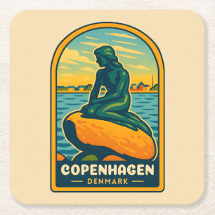 Retro Vintage Travel Copenhagen Denmark Mermaid Square Paper Coaster