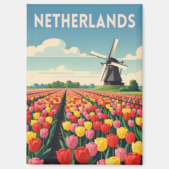 Retro Vintage Travel Netherlands Tulips Landscape Magnet (Front)