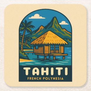 Retro Vintage Travel Tahiti French Polynesia Beach Square Paper Coaster