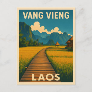 Retro Vintage Travel Vang Vieng Laos Scenic Postcard