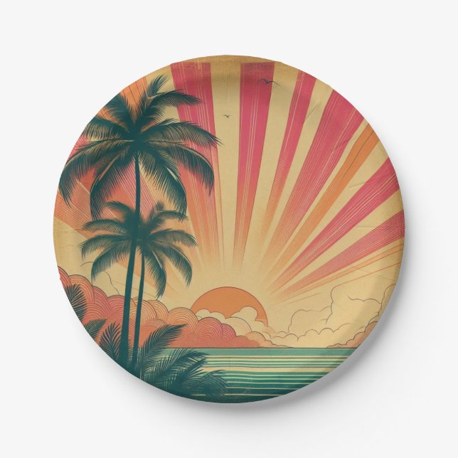 Retro/vintage tropical/Hawaiian sunset  Paper Plate (Front)