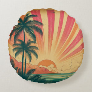 Retro/vintage tropical/Hawaiian sunset Round Cushion