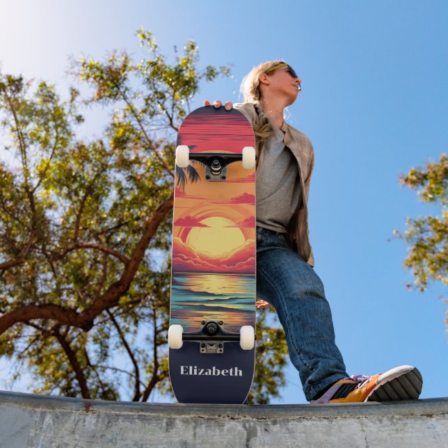 Retro Vintage Tropical Sunset Custom Name Skateboard (Outdoor 1)