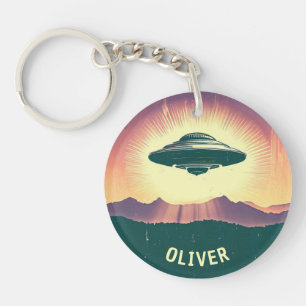 Retro Vintage UFO at Sunset Personalised Key Ring