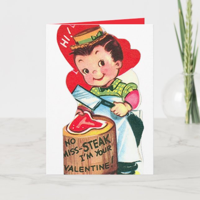 retro vintage Valentine butcher add sentiment Holiday Card (Front)