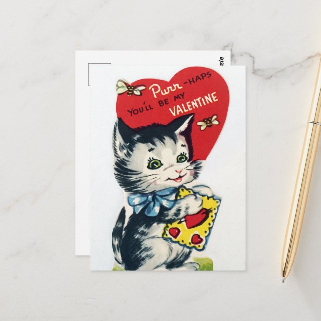 retro vintage Valentine cat  Postcard (Front/Back In Situ)