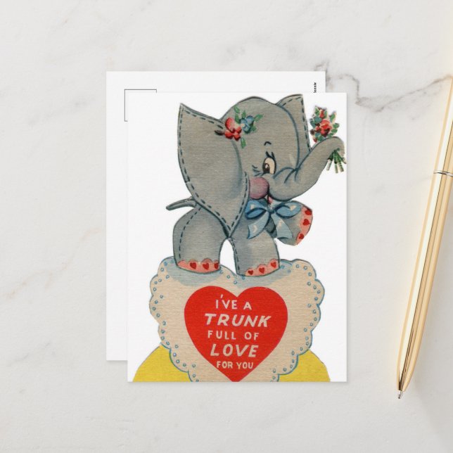 retro vintage Valentine elephant Holiday Postcard (Front/Back In Situ)