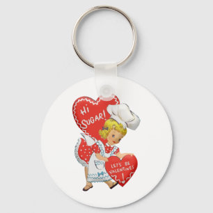 Retro Vintage Valentine Girl Hi Sugar Key Ring
