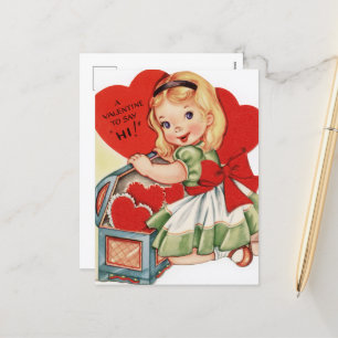 retro vintage Valentine girl Holiday Postcard