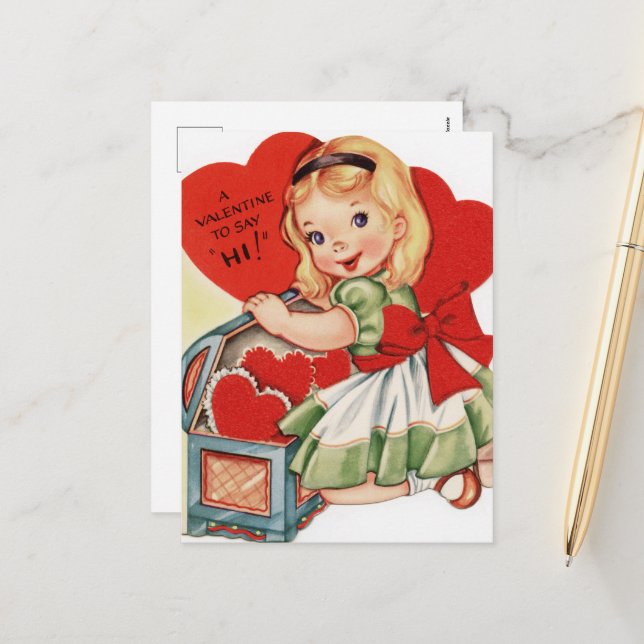 retro vintage Valentine girl Holiday Postcard (Front/Back In Situ)