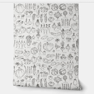 Retro Vintage Vegetable, Spices with Names Kitchen Wallpaper