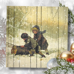 Retro   Vintage Winter Children Playing In Snow Holiday Card