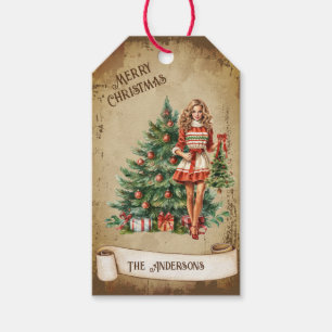 Retro Vintage Woman Decorating the Christmas Tree Gift Tags