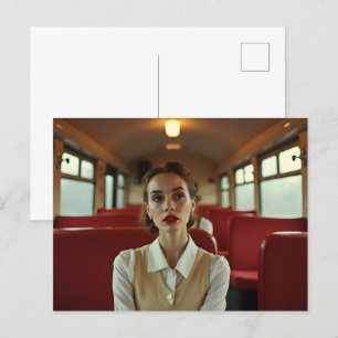 Retro vintage woman in train postcard