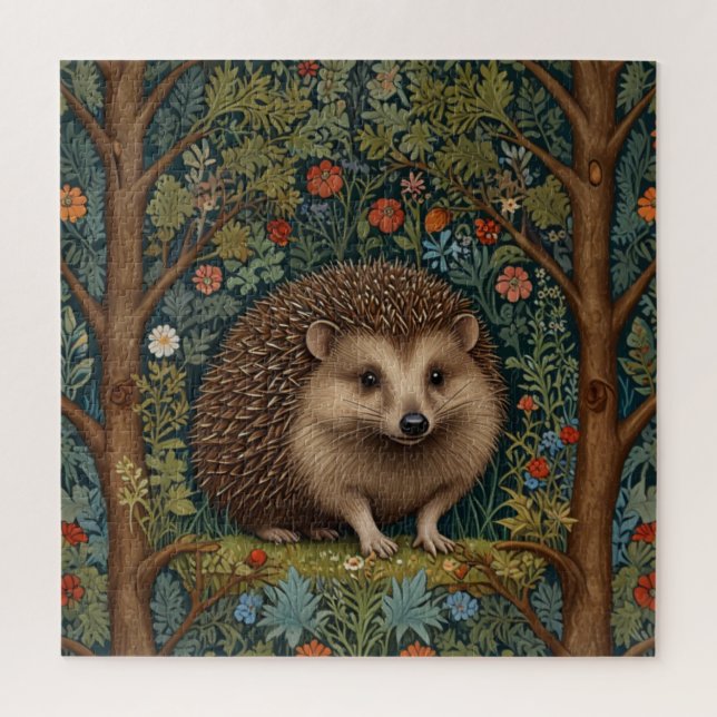 Retro vintage woodland hedgehog woodland botanical jigsaw puzzle (Vertical)