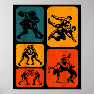 Retro Vintage Wrestling Silhouette Wrestler Men Wo Poster