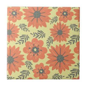 Retro Vintage Yellow Orange Green Floral  Ceramic Tile