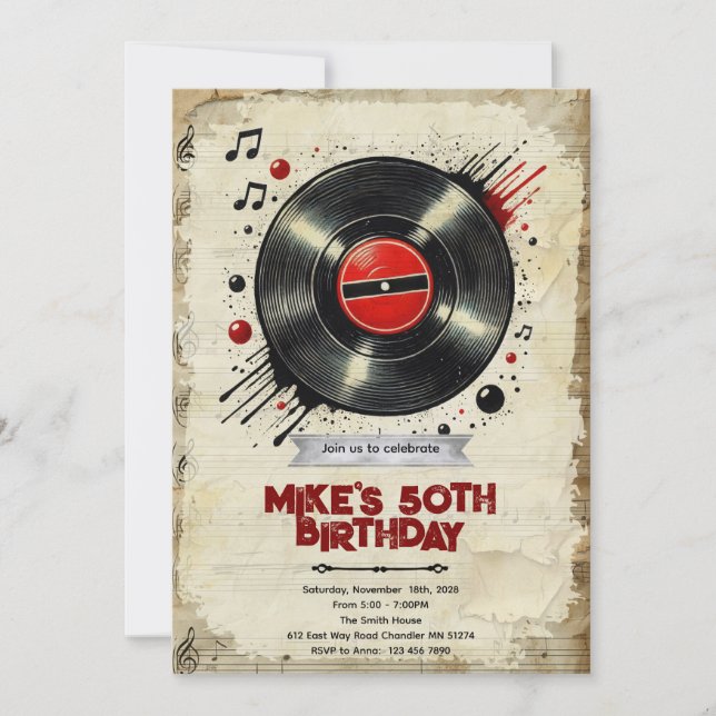 Retro vinyl birthday party invitation (Front)