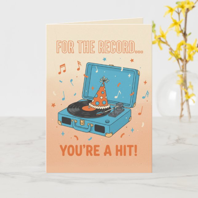 Retro Vinyl "For The Record" Musical Birthday Card (Yellow Flower)