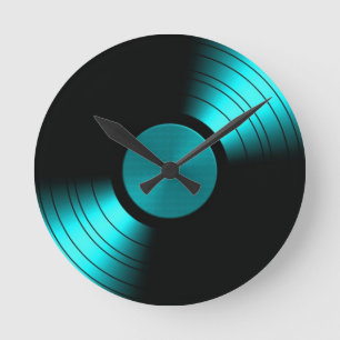 Retro Vinyl Record Album in Teal Round Clock