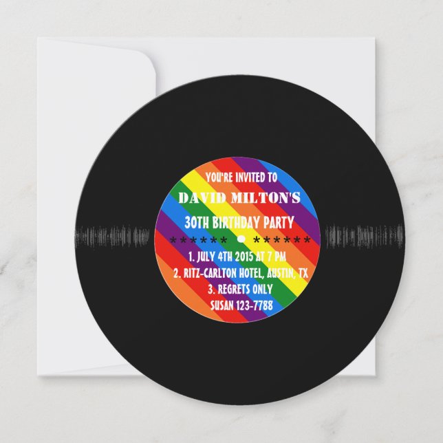 Retro Vinyl Record Gay Pride Custom Party Invites (Front)