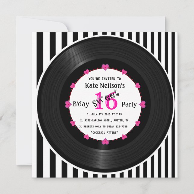 Retro Vinyl Record l Modern Sweet 16 B'day Invitation (Front)
