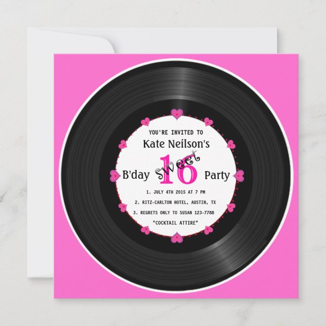 Retro Vinyl Record l Modern Sweet 16 B'day Invitation (Front)