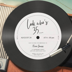 Retro vinyl record look who’s 35, 35th birthday invitation