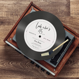 Retro vinyl record look who’s 45, 45th birthday invitation