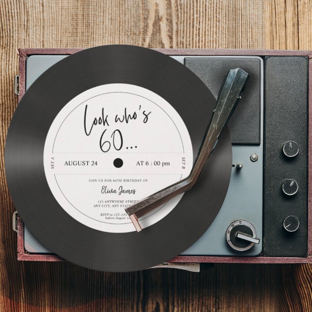 Retro vinyl record look who’s 60, 60th birthday  invitation (Creator Uploaded)