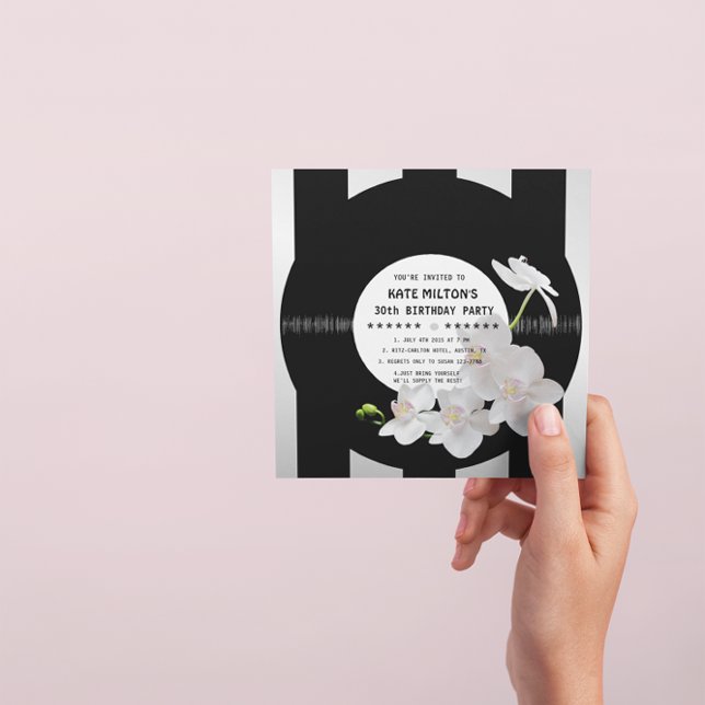 Retro Vinyl Record Modern Orchids Birthday Invites (Creator Uploaded)