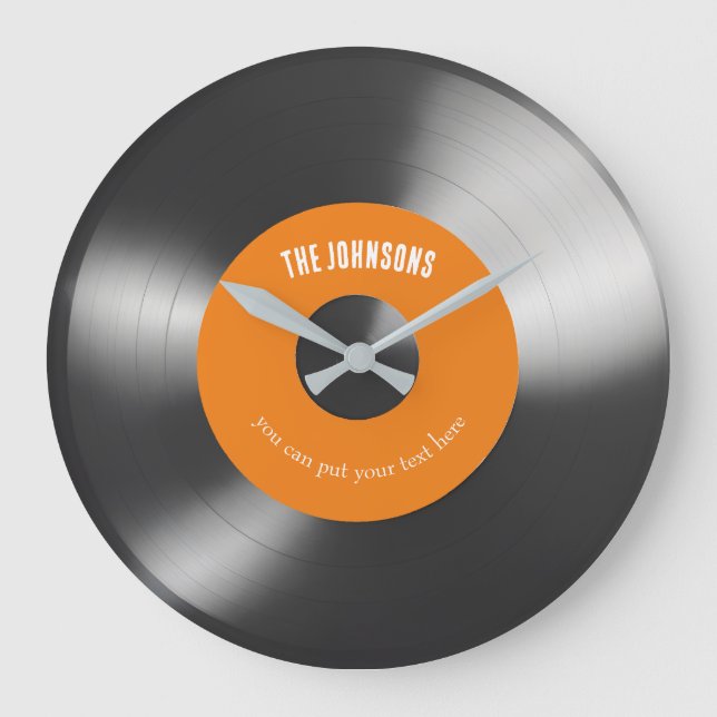 Retro Vinyl Record Music Clock Custom Text Orange (Front)