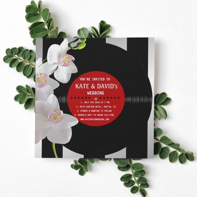 Retro Vinyl Record Orchids Modern Wedding Invites (Creator Uploaded)