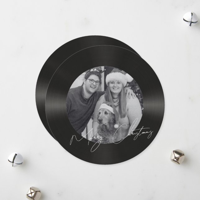 Retro vinyl record photo christmas holiday card (Front/Back In Situ)