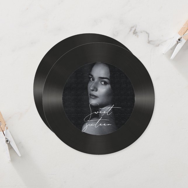 Retro vinyl record photo sweet 16 birthday invitation (Front/Back In Situ)