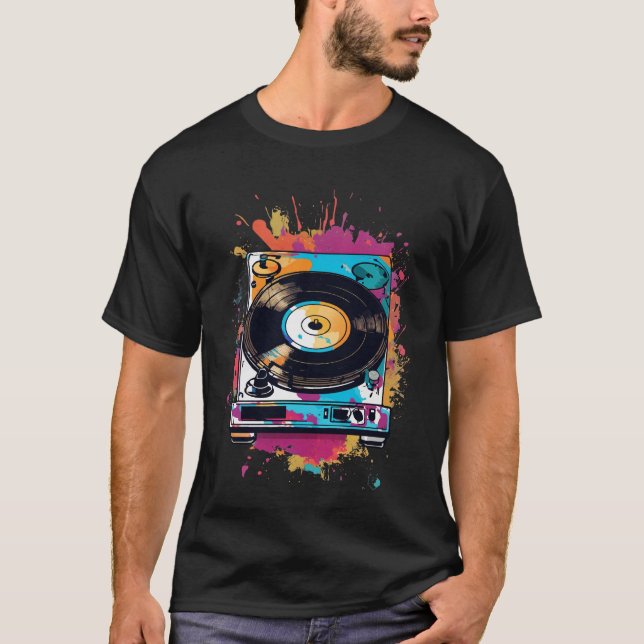 Retro Vinyl Record Player Splash Art  T-Shirt (Front)