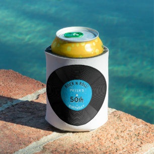 Retro Vinyl Record Rock N Roll Blue Birthday Can Cooler