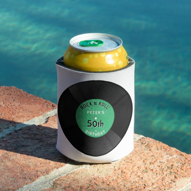 Retro Vinyl Record Rock N Roll Green Birthday Can Cooler (In Situ Pool)
