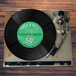 Retro Vinyl Record Rock N Roll Green Birthday Invitation