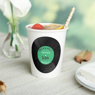 Retro Vinyl Record Rock N Roll Green Birthday Paper Cups