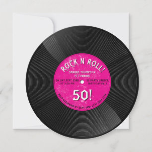Retro Vinyl Record Rock N Roll Pink Birthday Invitation