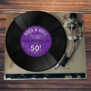 Retro Vinyl Record Rock N Roll Purple Birthday Invitation
