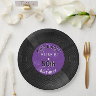 Retro Vinyl Record Rock N Roll Purple Birthday Paper Plate