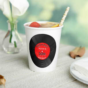 Retro Vinyl Record Rock N Roll Red Birthday Paper Cups
